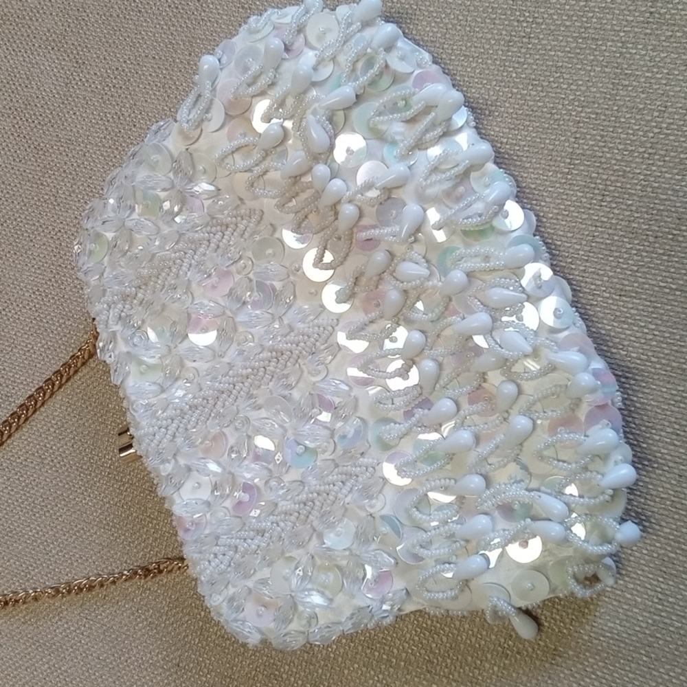 Vintage White Satin and Beaded Evening Bag